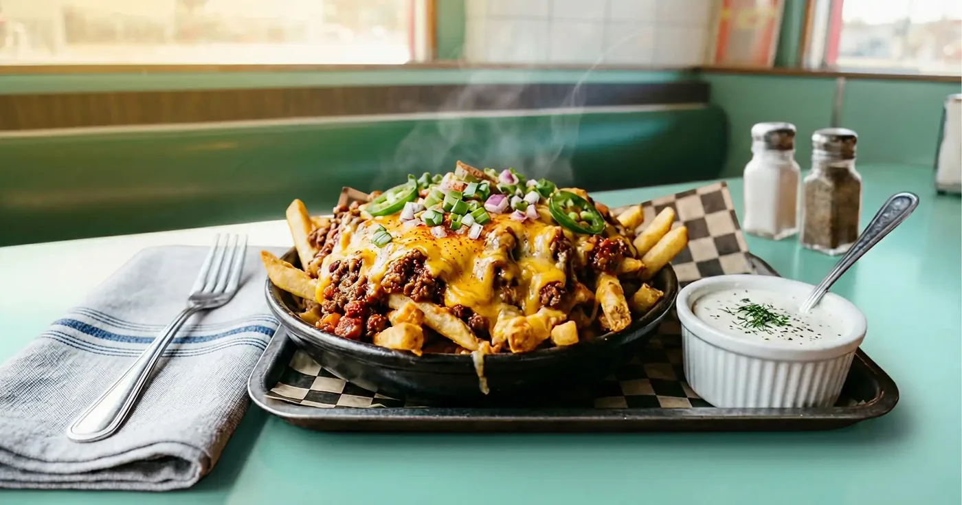 Chili cheese fries and sides at Omega Burgers in Bellflower