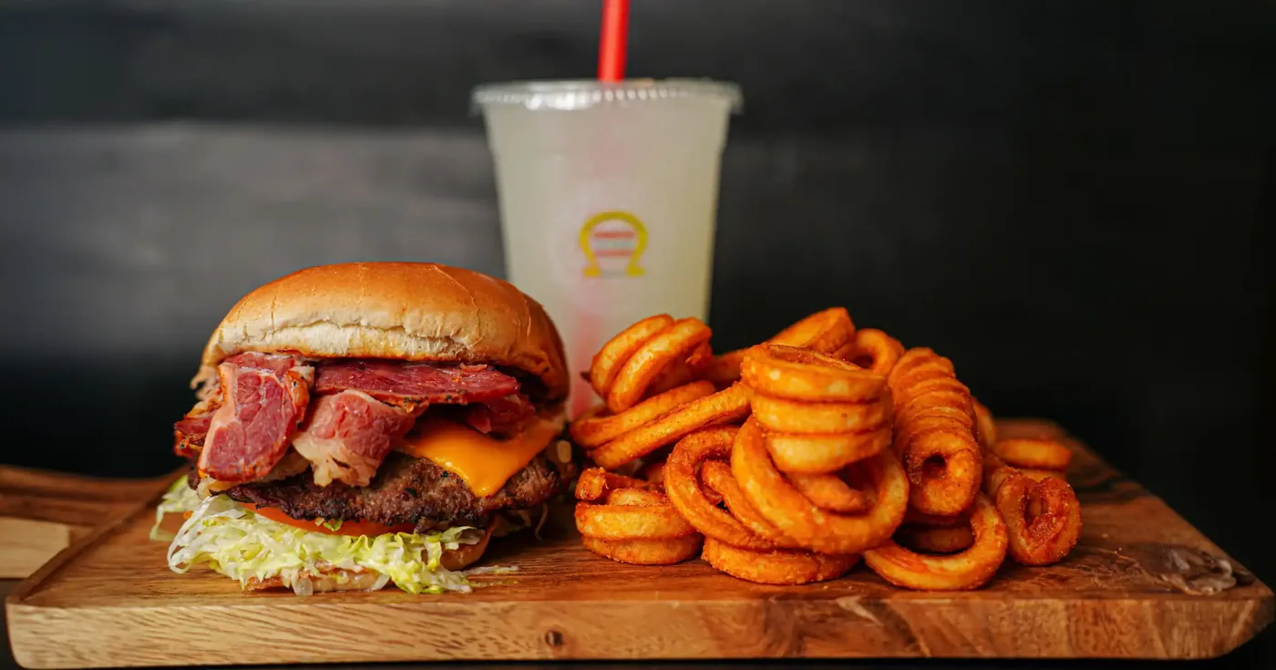 Char-broiled burger combo at Omega Burgers in Bellflower