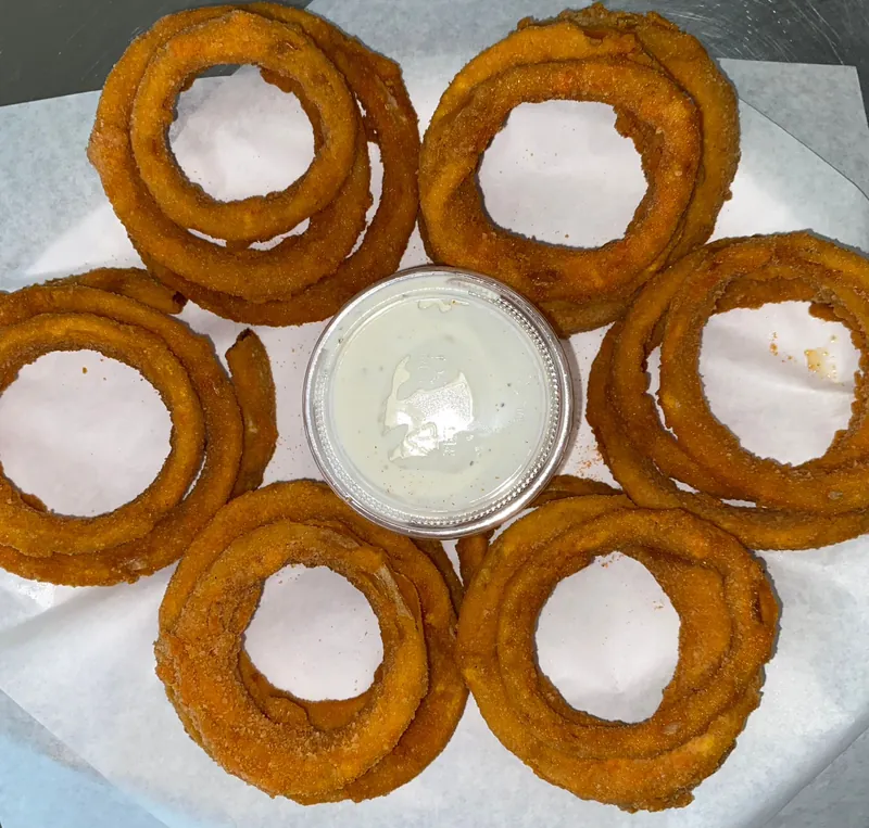 Homemade Onion Rings at Omega Burgers, Bellflower
